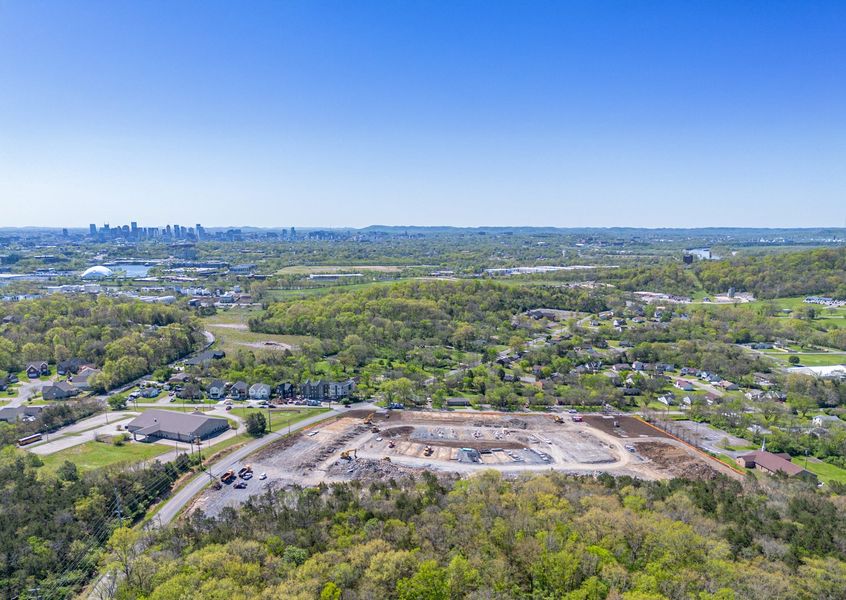 A landscape with trees and buildings.
