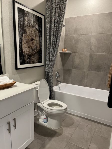 A modern bathroom featuring a tiled bathtub, sleek vanity, framed art, and elegant shower curtain.