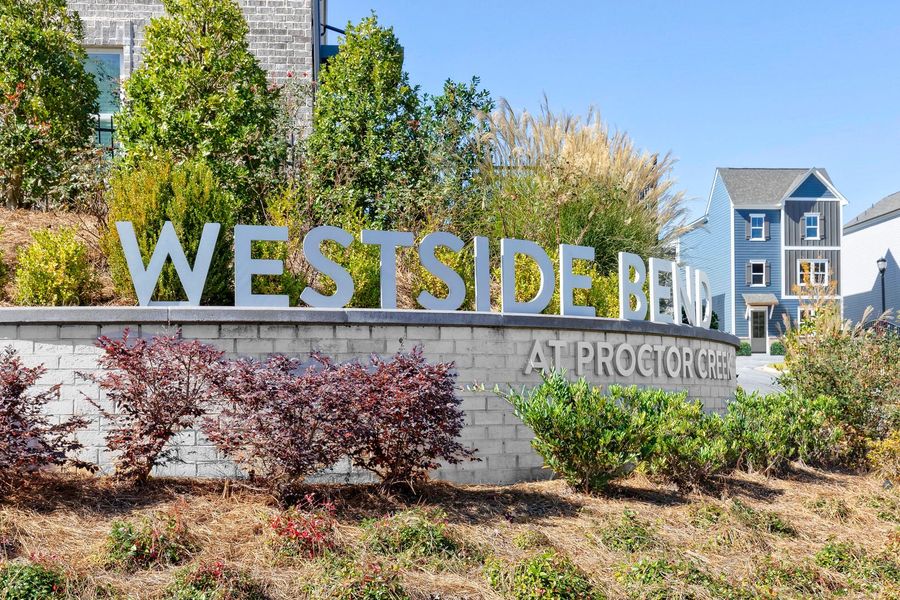 Entrance to the Westside Bend at Proctor Creek Townhomes community in Atlanta, GA, featuring signage and landscaping (Image 1). Entrance to the Westside Bend at Proctor Creek Townhomes community in Atlanta, GA, featuring signage and landscaping (Image 1).