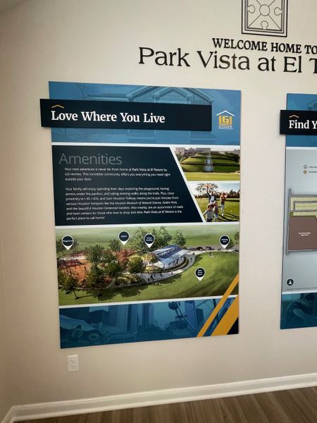 An informative display welcomes residents to Park Vista at El Tesoro by LGI Homes, highlighting community amenities.