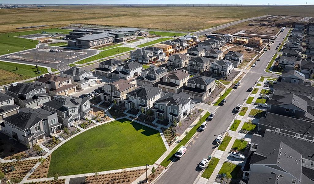 Aerial view of the The Bend at The Aurora Highlands community in Aurora, CO, showing layout and nearby surroundings (Image 11).