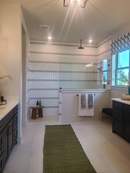 A spacious bathroom featuring a glass shower, sleek dark cabinetry, and a green runner rug for a modern touch. A spacious bathroom featuring a glass shower, sleek dark cabinetry, and a green runner rug for a modern touch.
