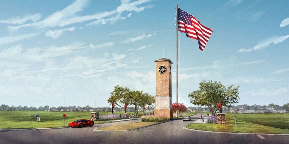 Main entrance to the Southern Pointe master-planned community in College Station, TX, featuring its landmark signage (Image 3). Main entrance to the Southern Pointe master-planned community in College Station, TX, featuring its landmark signage (Image 3).