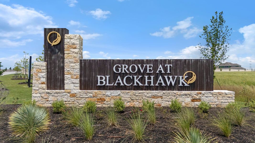 Entrance to the The Grove at Blackhawk community in Pflugerville, TX, featuring signage and landscaping (Image 2).