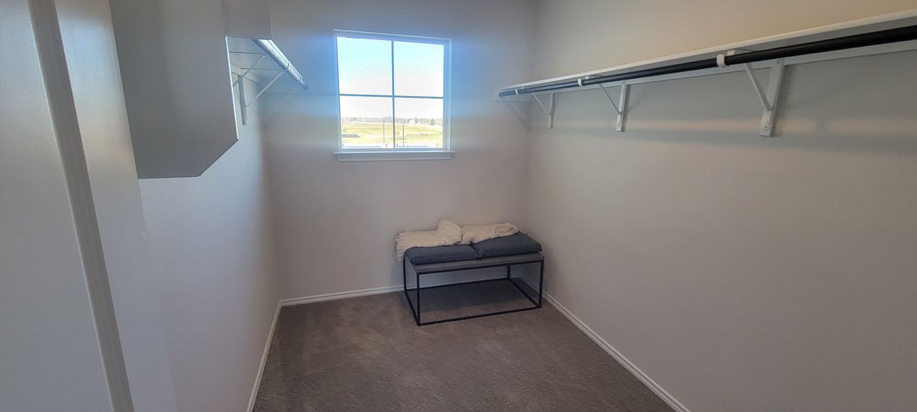 A bright walk-in closet with ample shelving, a comfy bench, and soft carpet for a cozy, organized space.