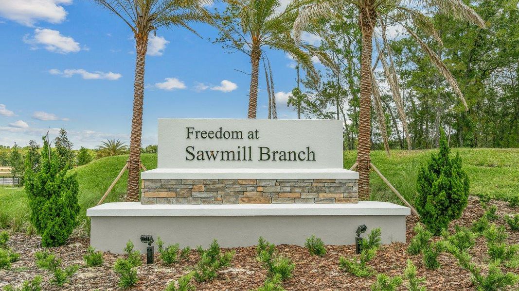 Entrance to the Freedom at Sawmill Branch community in Palm Coast, FL, featuring signage and landscaping (Image 2).