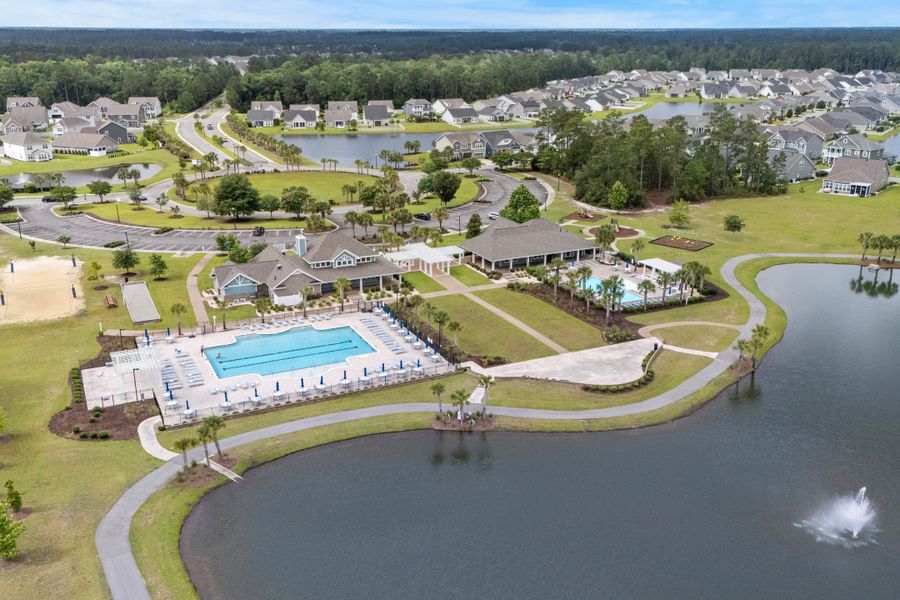 Aerial view of the Clear Pond - The Coastline Series community in Myrtle Beach, SC, showing layout and nearby surroundings (Image 1).