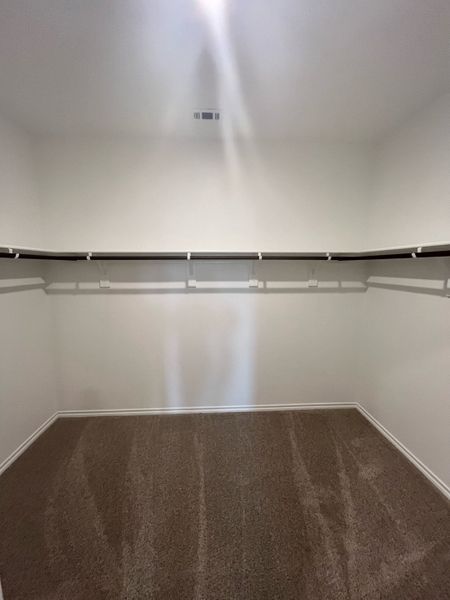 Spacious walk-in closet with plush carpet, white walls, and ample hanging space for organized storage.