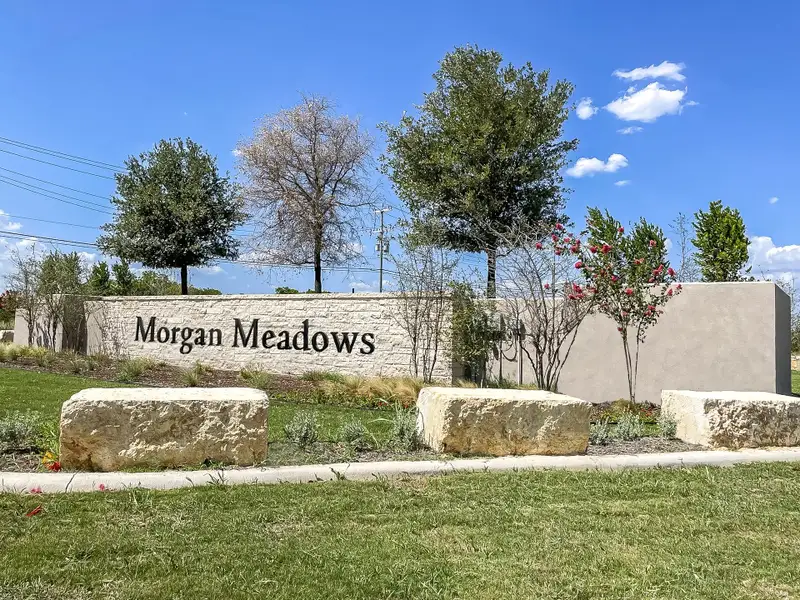 Entrance to the Morgan Meadows community in San Antonio, TX, featuring signage and landscaping (Image 1). Entrance to the Morgan Meadows community in San Antonio, TX, featuring signage and landscaping (Image 1).