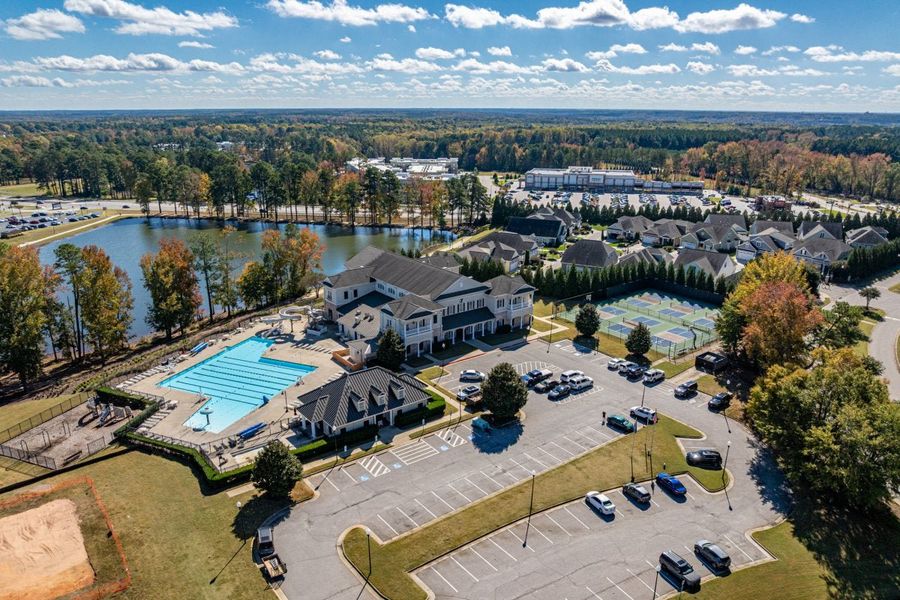 Aerial view of the Watson at Flowers Plantation community in Clayton, NC, showing layout and nearby surroundings (Image 17).
