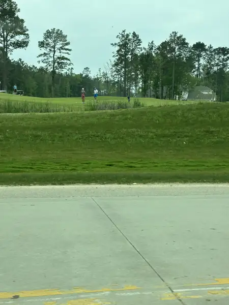 Scenic green golf course with serene trees in The Highlands by Caldwell Homes (Porter, TX).