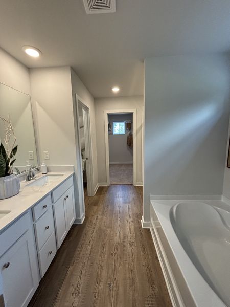 A sleek bathroom with a dual-sink vanity, spacious tub, and elegant wood flooring, creating a serene retreat.