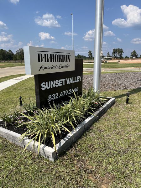 Welcome to Sunset Valley by D.R. Horton in Hockley, TX—lush landscaping and modern amenities await.
