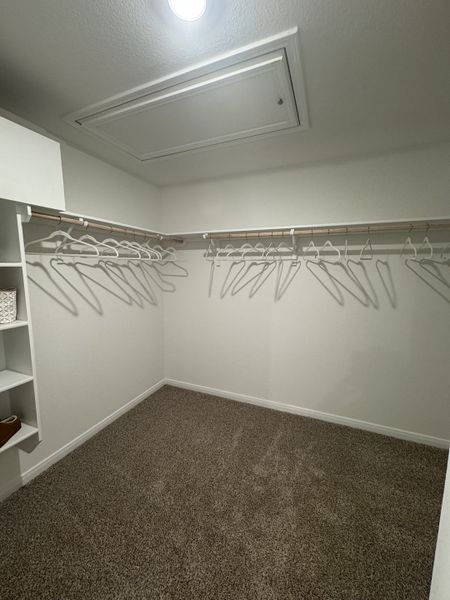 A spacious walk-in closet with soft carpet, ample wooden hanging rods, and built-in shelving for organized storage. A spacious walk-in closet with soft carpet, ample wooden hanging rods, and built-in shelving for organized storage.