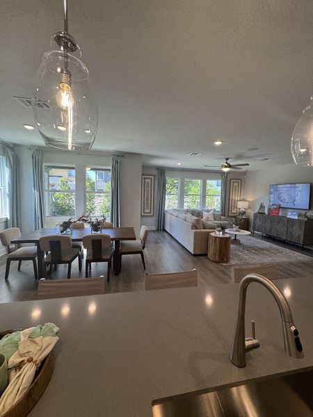 An open-concept living area with sleek lighting, a cozy dining setup, large windows, and a modern kitchen island.