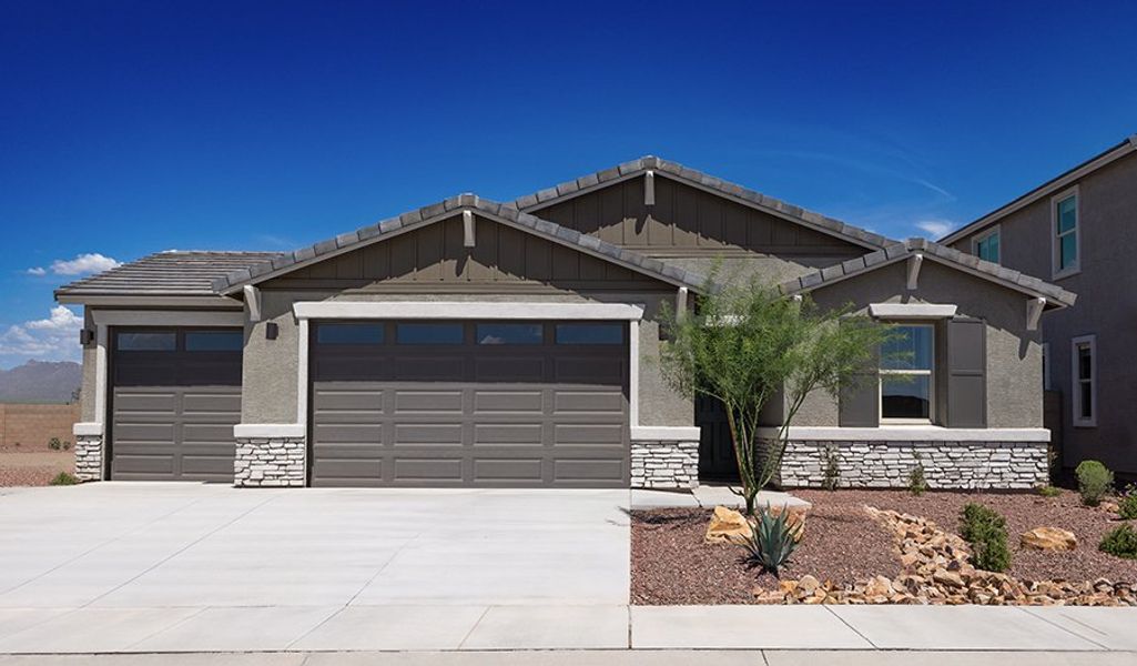 Front exterior of a home in the Desert Bloom at Monarch community, located in Marana, AZ (Image 2).