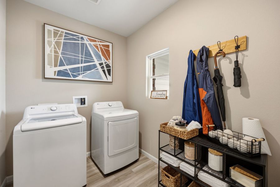 A laundry room with clothes. A laundry room with clothes.