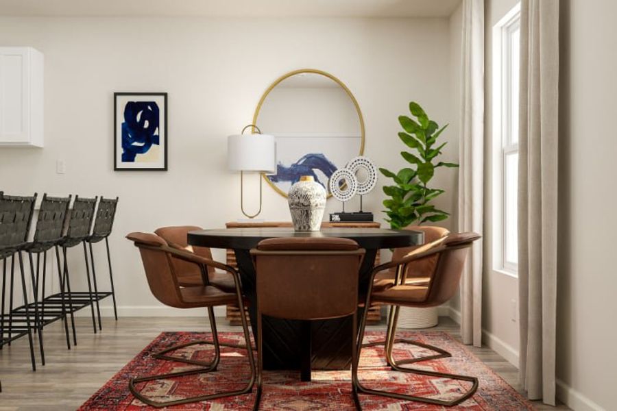 A dining room table with a lamp on top.