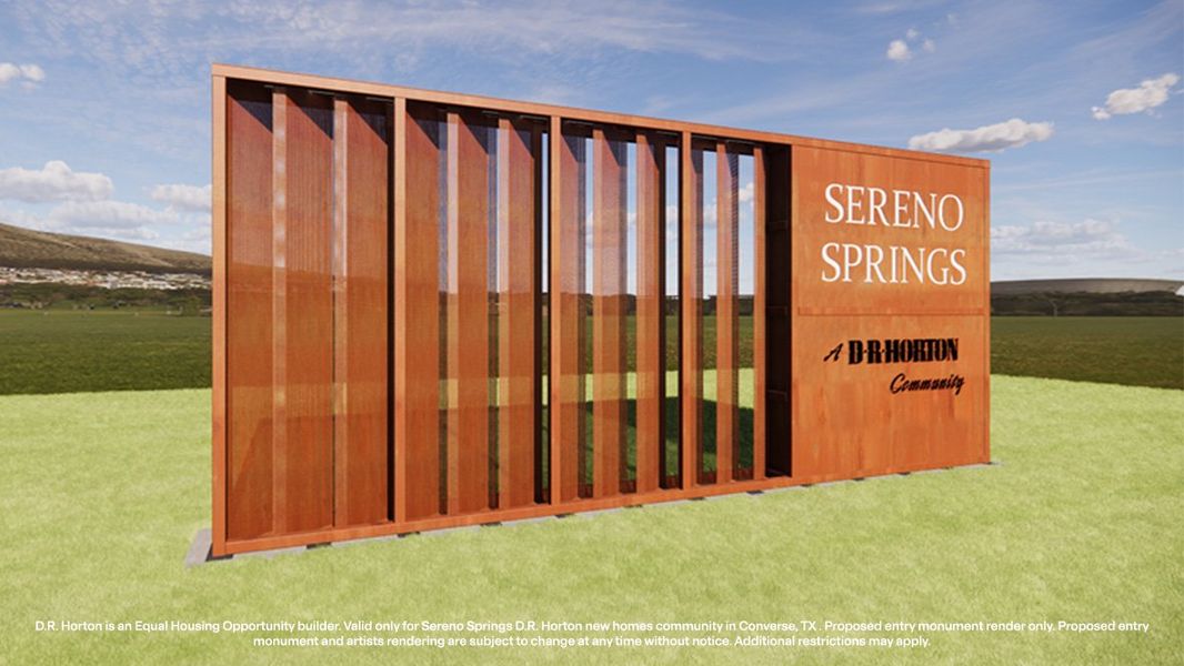 Entrance to the Sereno Springs community in Converse, TX, featuring signage and landscaping (Image 1).
