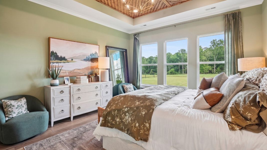 Primary suite with tray ceiling, hard surface flooring, and windows Primary suite with tray ceiling, hard surface flooring, and windows