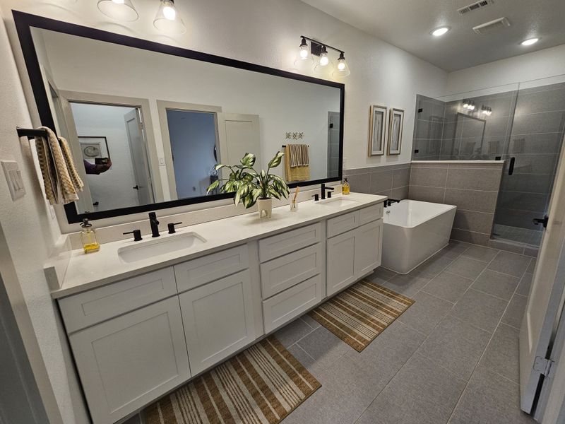 A sleek bathroom showcasing a dual vanity, chic bathtub, spacious shower, and stylish accents.