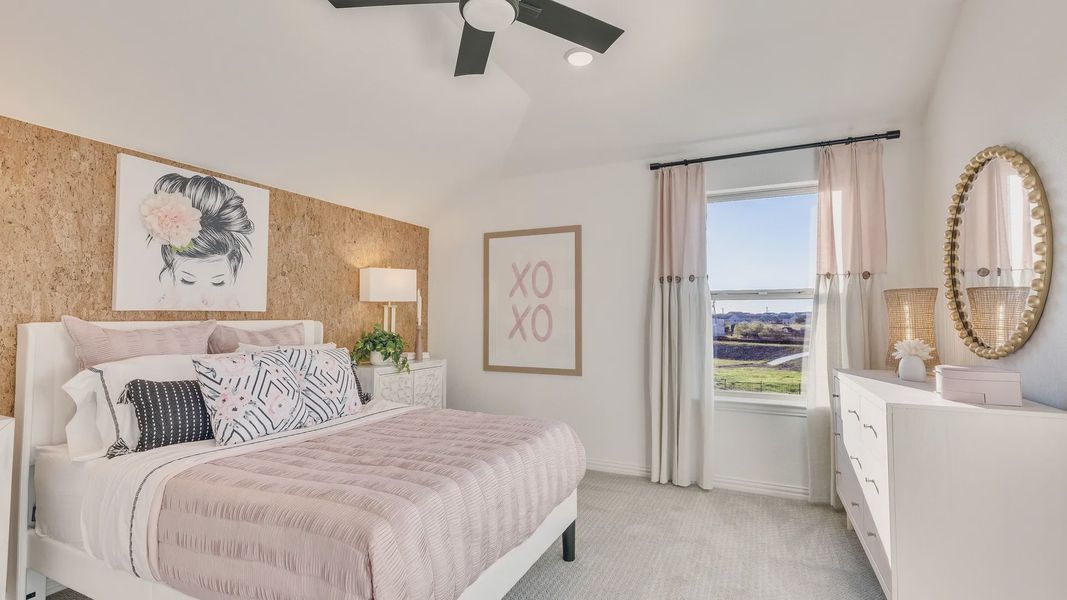 Experience luxury with sustainable cork accent wall, serene views, and refined decor in Creeks Crossing.