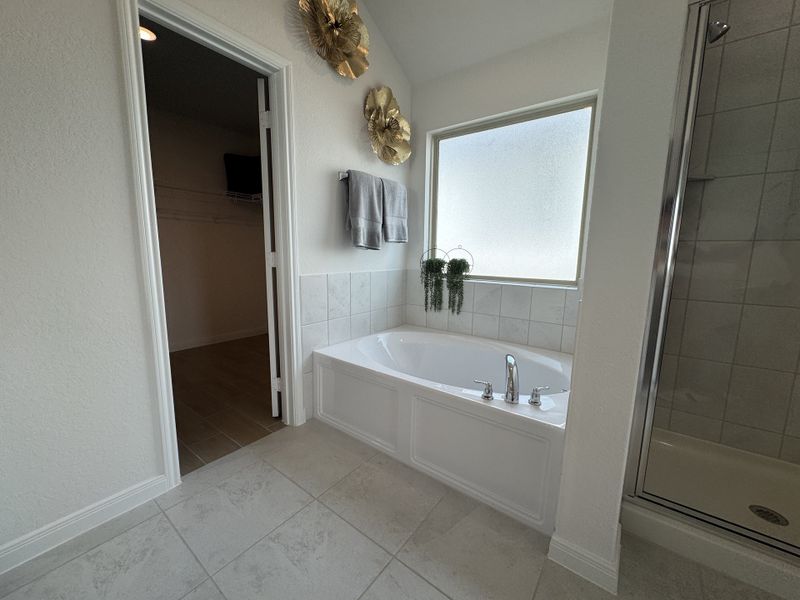 A bright bathroom with a cozy bathtub, glass shower, elegant tiling, and stylish wall decor.