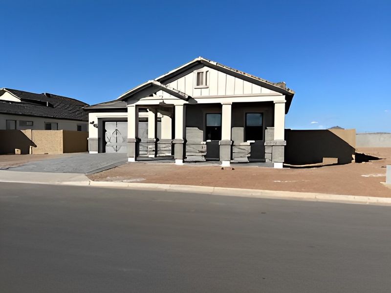 A modern single-story home with a stone-accented entrance in Grove at Lehi by Blandford Homes (Mesa, AZ).