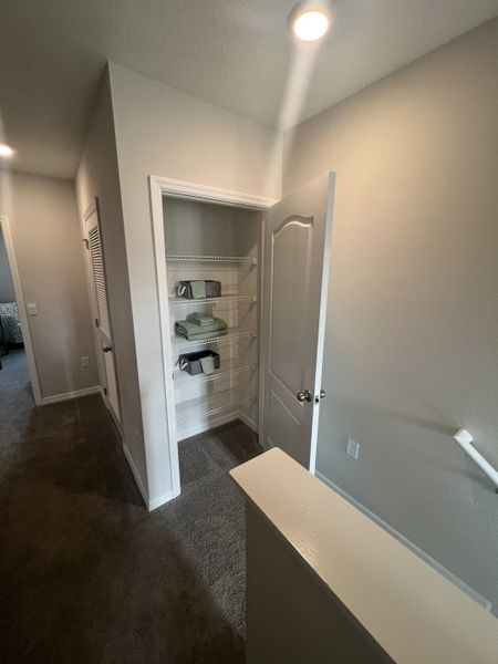 A cozy hallway with plush carpet, featuring a lit closet with white shelving and a soft neutral color palette.