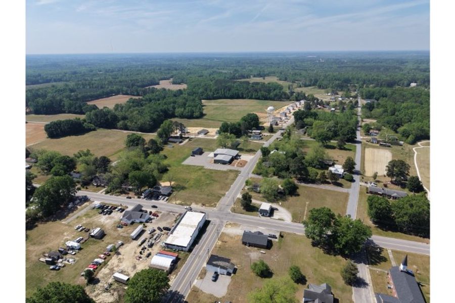 An aerial view of a parking lot.