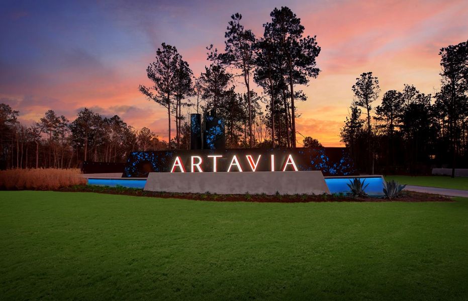 Entrance to the ARTAVIA community in Conroe, TX, featuring signage and landscaping (Image 2).