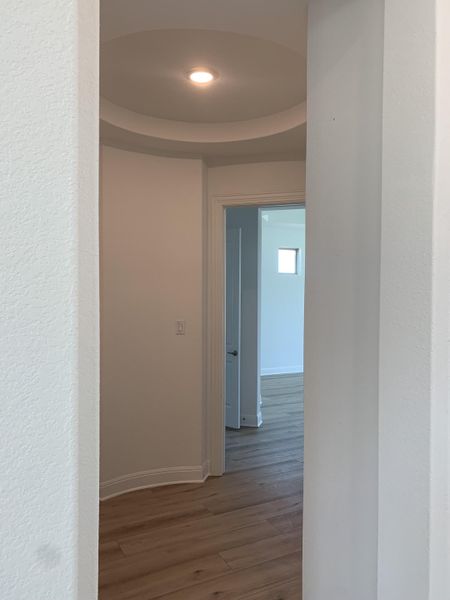 A hallway with elegant light wood flooring and a recessed ceiling light leading to a bright, airy room.
