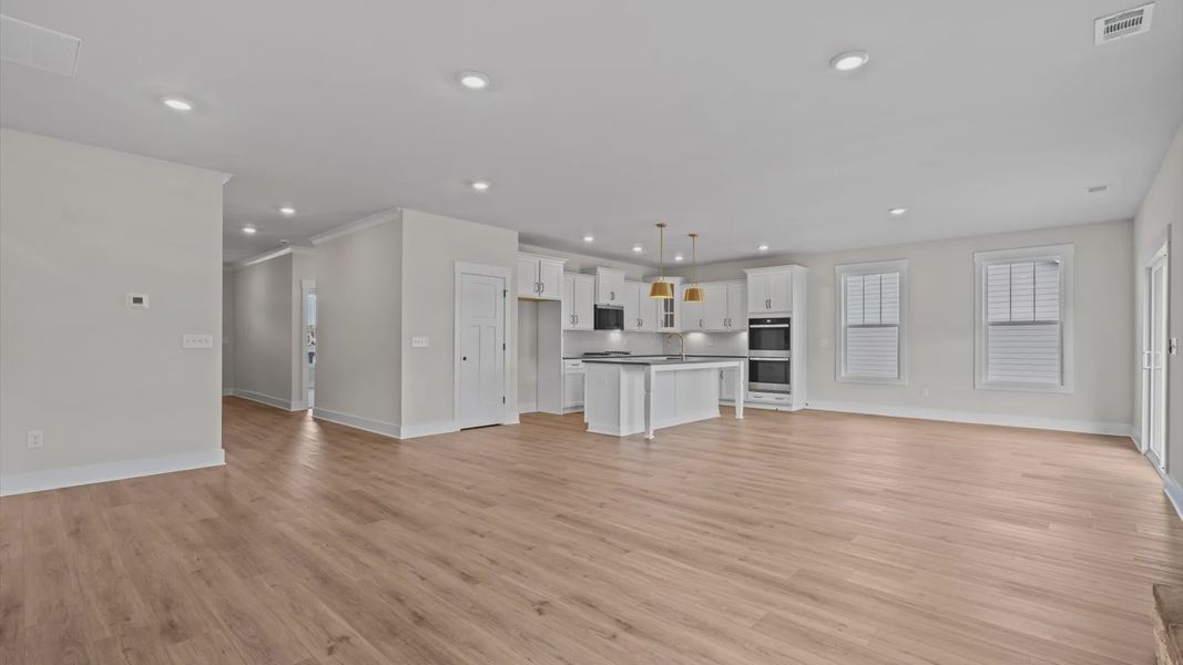 Family Room in a blue and grey ranch style home