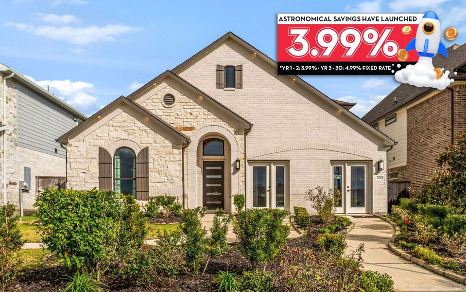 Front exterior of a home in the Windrose Green community, located in Angleton, TX (Image 1).