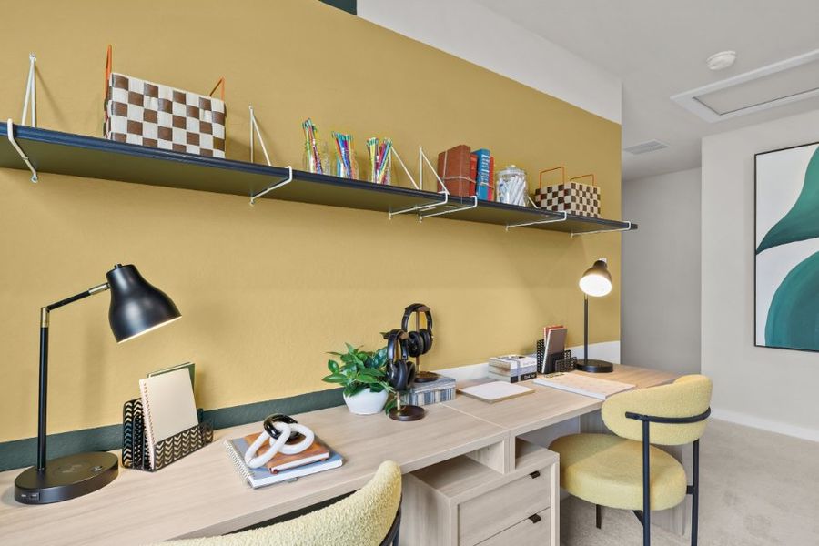 A desk with a lamp and shelves. A desk with a lamp and shelves.