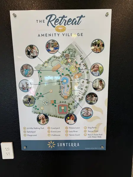 A detailed amenity map for The Retreat in Sunterra, showcasing trails, pools, and courts by D.R. Horton (Katy, TX).