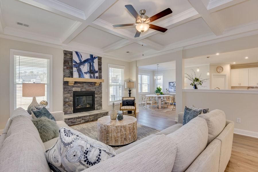 The Cameron Open Concept Family Room and Kitchen with Coffered Ceiling The Cameron Open Concept Family Room and Kitchen with Coffered Ceiling