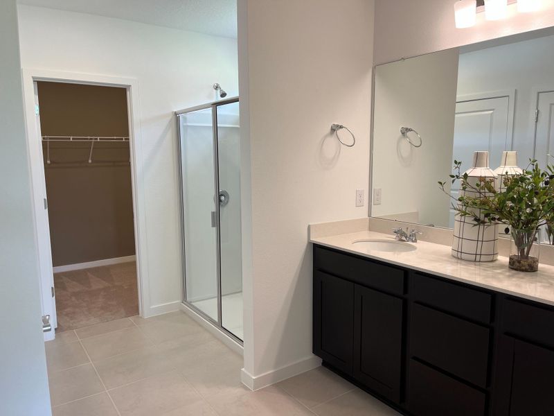 A modern bathroom with a sleek glass shower, dark vanity, and access to a spacious walk-in closet. A modern bathroom with a sleek glass shower, dark vanity, and access to a spacious walk-in closet.