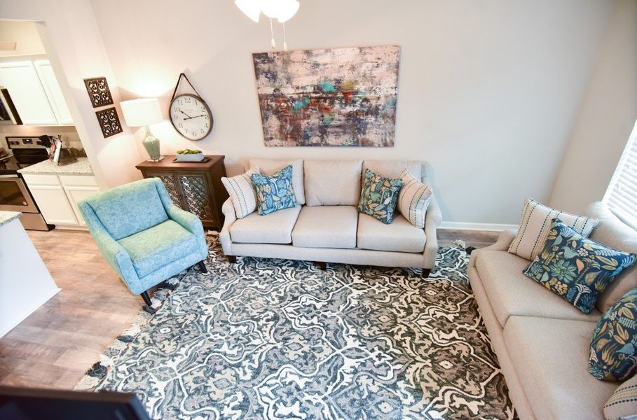 This stylish and cozy living space features plush seating, elegant decor, a patterned area rug, and an open-concept design that seamlessly flows into the kitchen