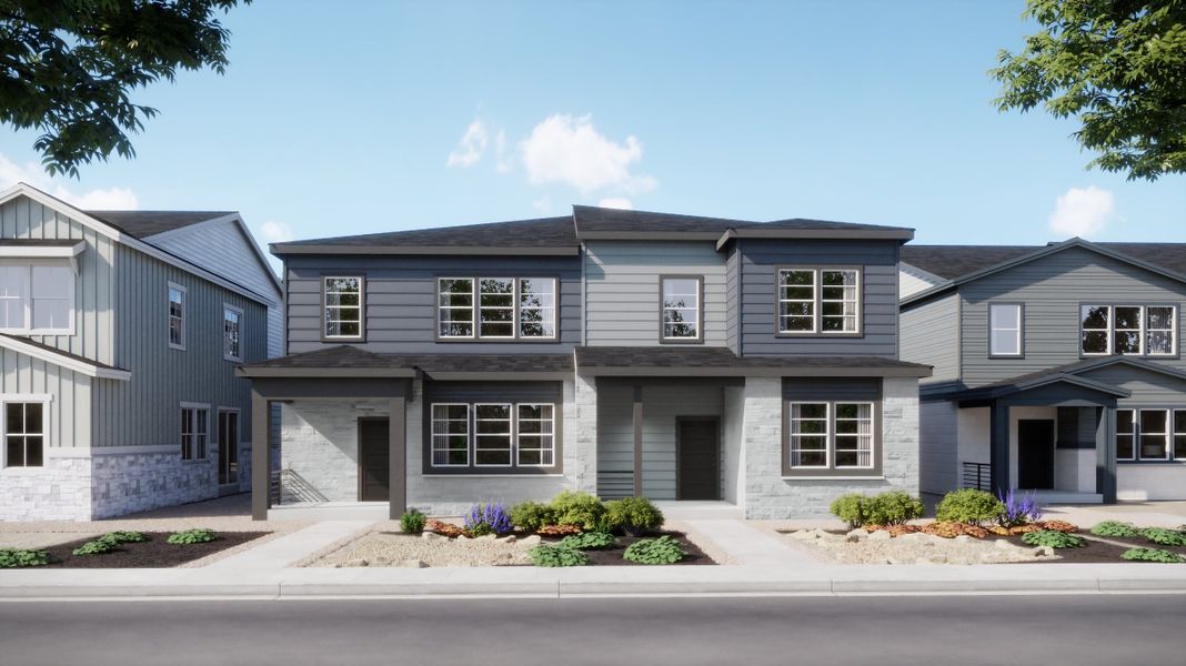 Front exterior of a home in the The Duets Collection at Harvest Crossing community, located in Aurora, CO (Image 6).