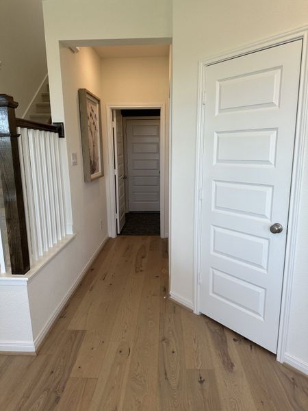 A hallway with light wood flooring, white doors, and modern decor accents.