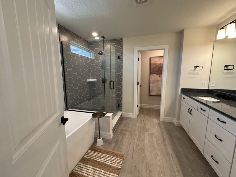 A contemporary bathroom featuring a geometric-tiled shower, sleek vanity, and wood-look flooring.