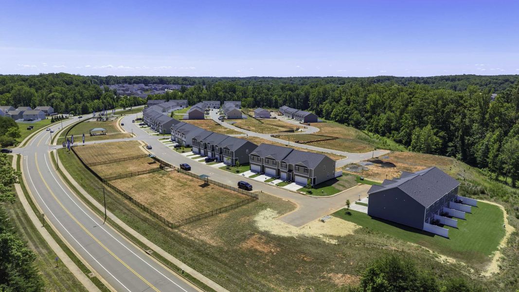 Aerial view of the North Village Townes community in Greensboro, NC, showing layout and nearby surroundings (Image 12). Aerial view of the North Village Townes community in Greensboro, NC, showing layout and nearby surroundings (Image 12).