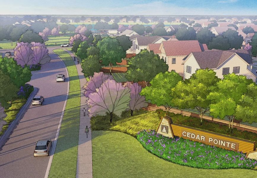 Entrance to the Cedar Pointe community in Crosby, TX, featuring signage and landscaping (Image 9). Entrance to the Cedar Pointe community in Crosby, TX, featuring signage and landscaping (Image 9).