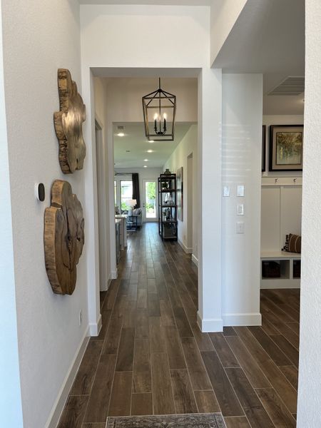 A bright hallway with wood-style flooring, rustic wall art, and a modern pendant light leading to an open living space.