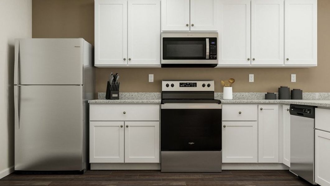 Rendering of the kitchen with vinyl plank
  flooring, white cabinetry and stainless steel appliances.