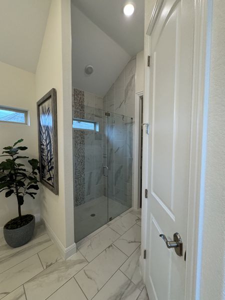 A modern bathroom with a sleek glass shower, stylish tile accents, and a decorative plant for a touch of nature. A modern bathroom with a sleek glass shower, stylish tile accents, and a decorative plant for a touch of nature.
