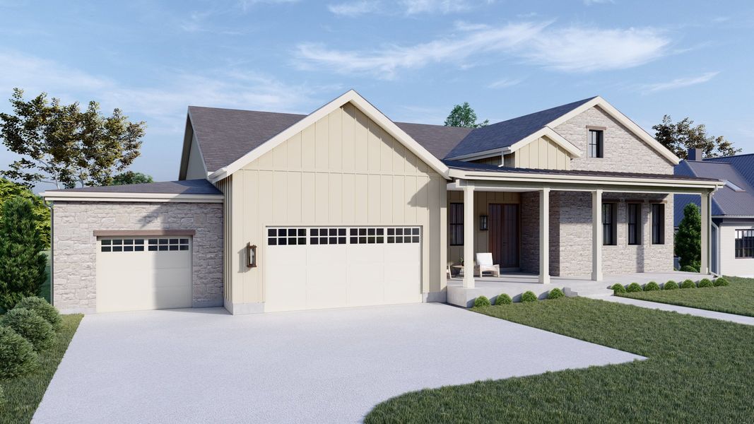 Front exterior of a home in the Harvest LiteLuxe community, located in Berthoud, CO (Image 12).