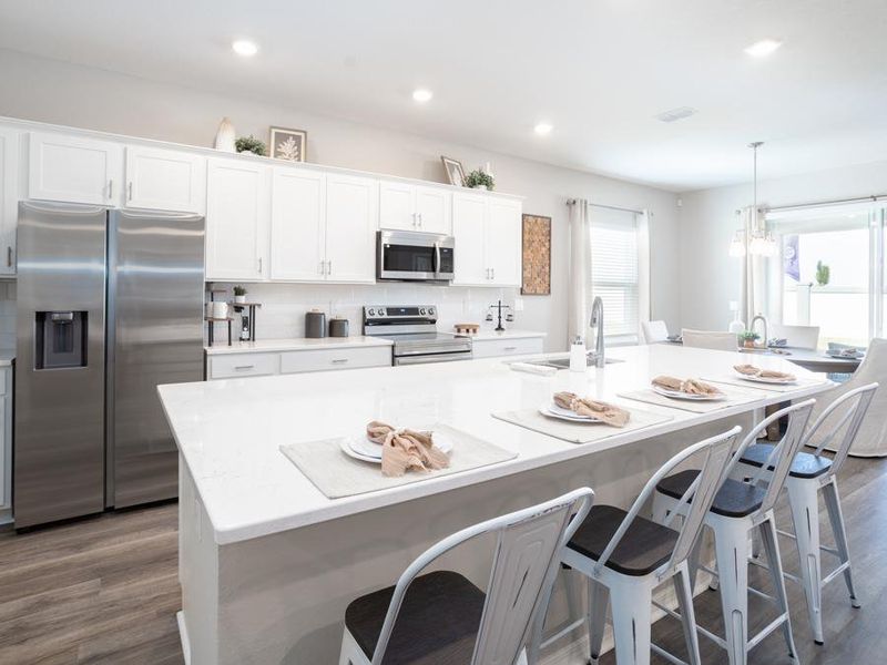 Meals are a delight thanks to the large kitchen island, Samsung appliances, and a walk-in pantry - Shelby model home in Auburndale, FL