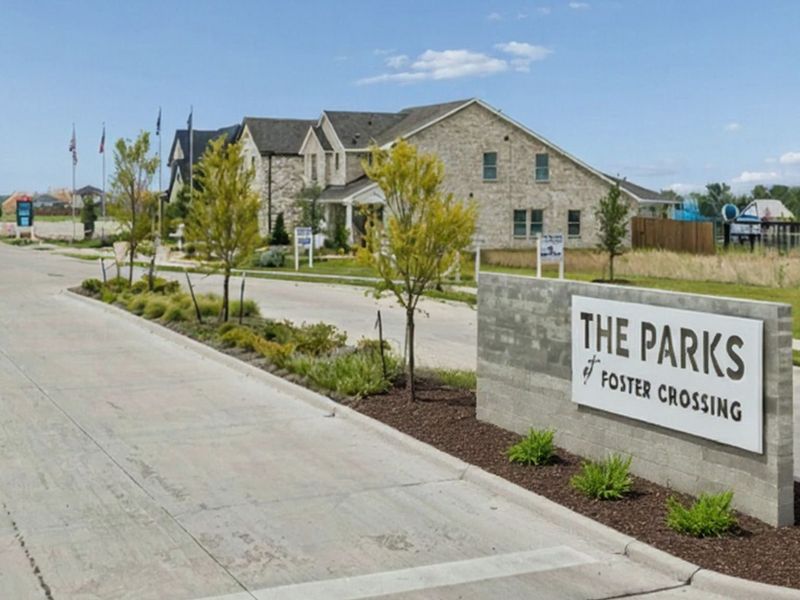 Entrance to the Parks at Foster Crossing community in Anna, TX, featuring signage and landscaping (Image 1). Entrance to the Parks at Foster Crossing community in Anna, TX, featuring signage and landscaping (Image 1).